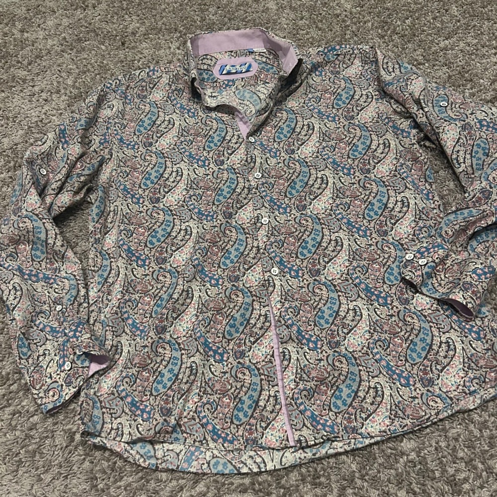 LANZINO Paisley Print Button Down Shirt Men's 2XL Long Sleeve Purple Pink Blue‎